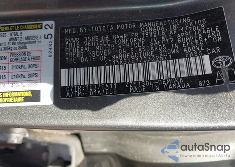 2007 Toyota Corolla Ce from USA, damaged, VIN 2T1BR32E17C722571